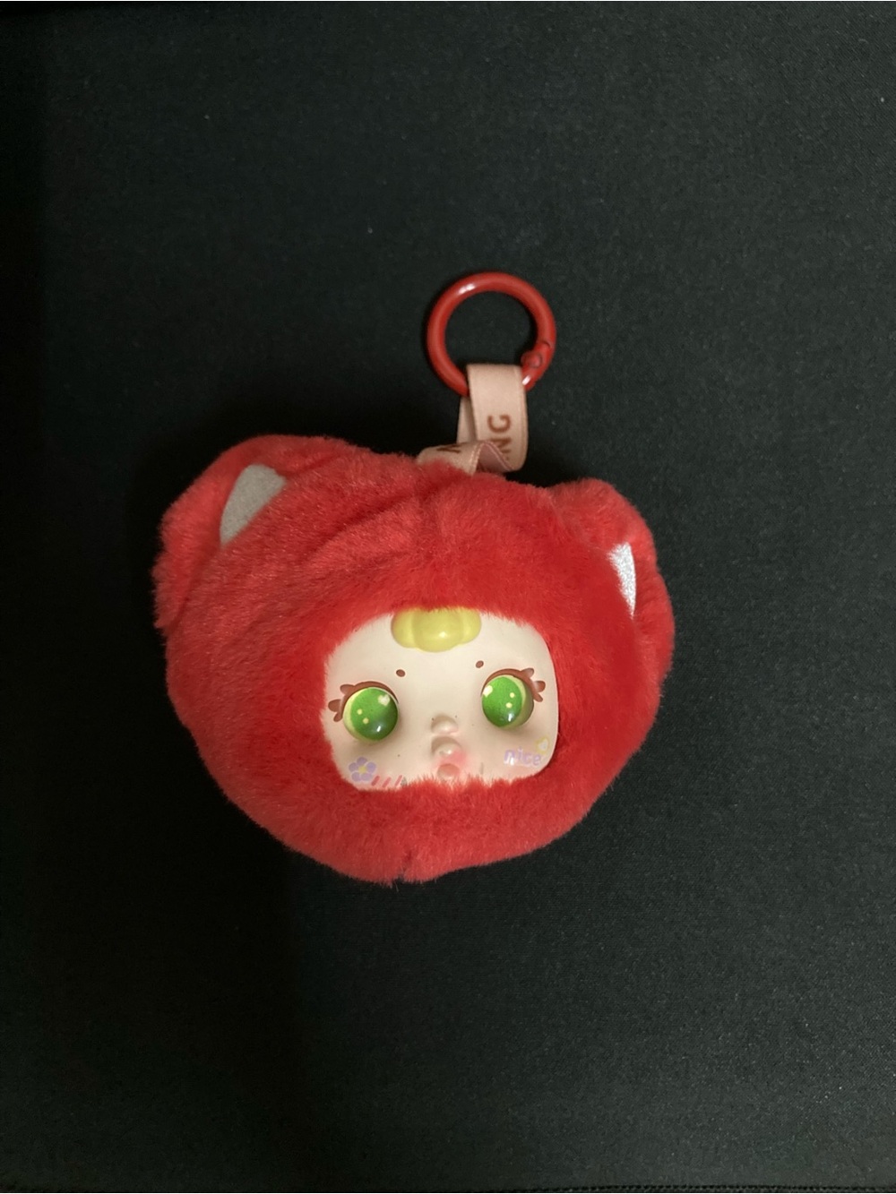 Red Plush Small Pet Toy Keychain with Green-Eyed Face